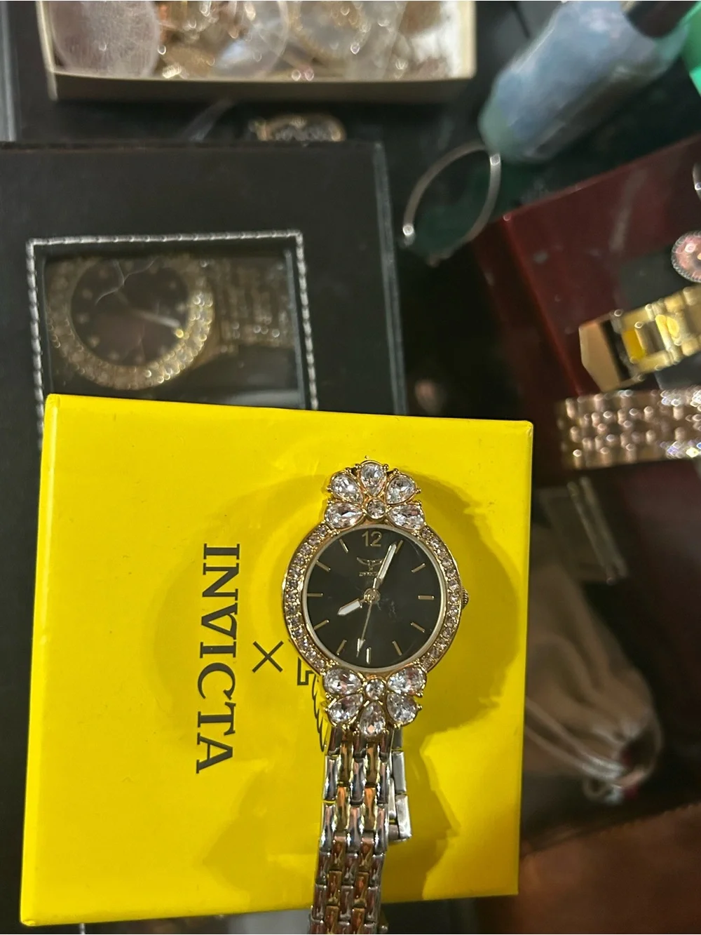 Invicta Gold-Tone Women's Bracelet Watch with Black Dial and Crystal Accents